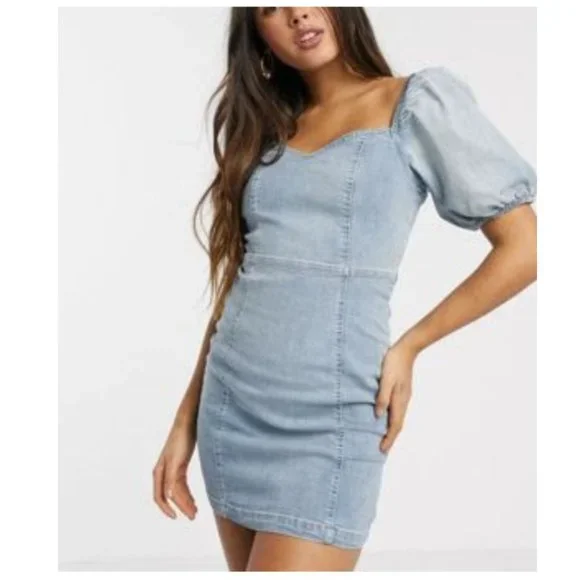 River Island puff sleeve denim mini dress in blue River Island puff sleeve denim mini dress in blue